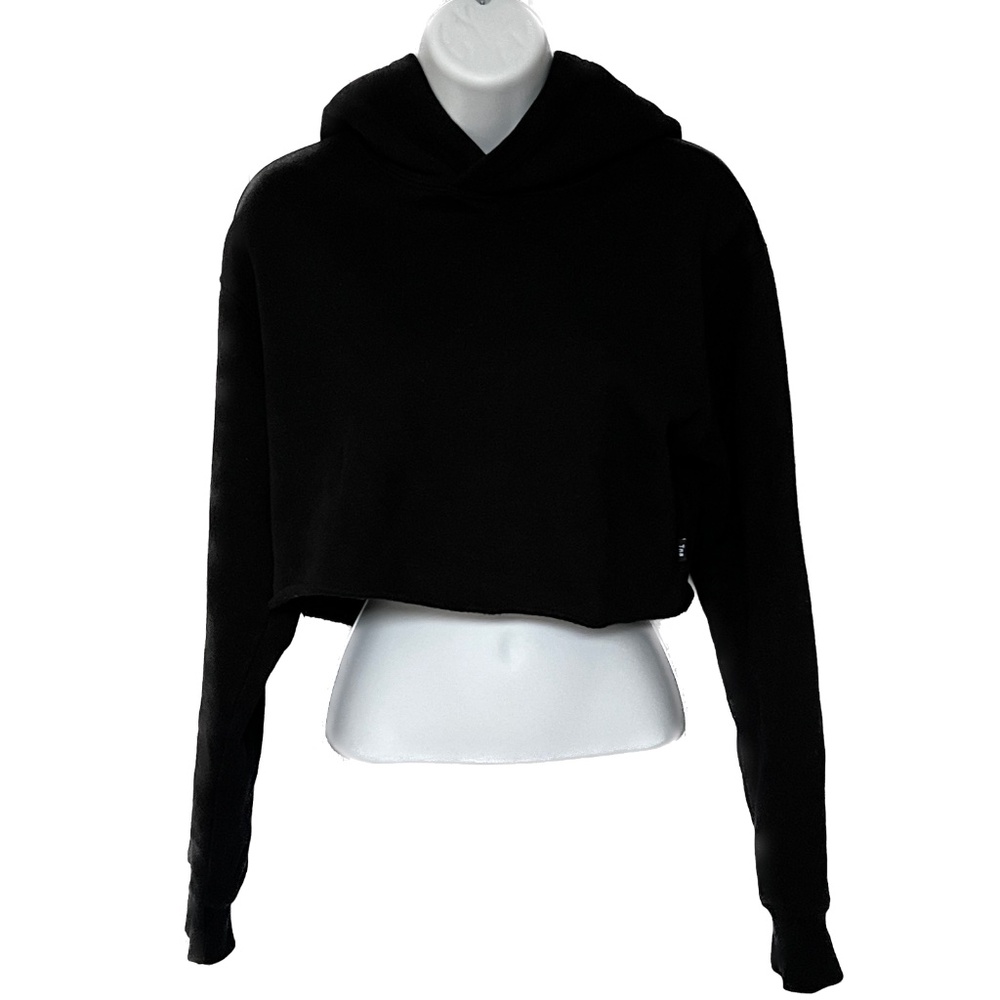 Tna Fleece Cropped Hoodie Black Size XS Raw Hem Cotton Blend Pull on